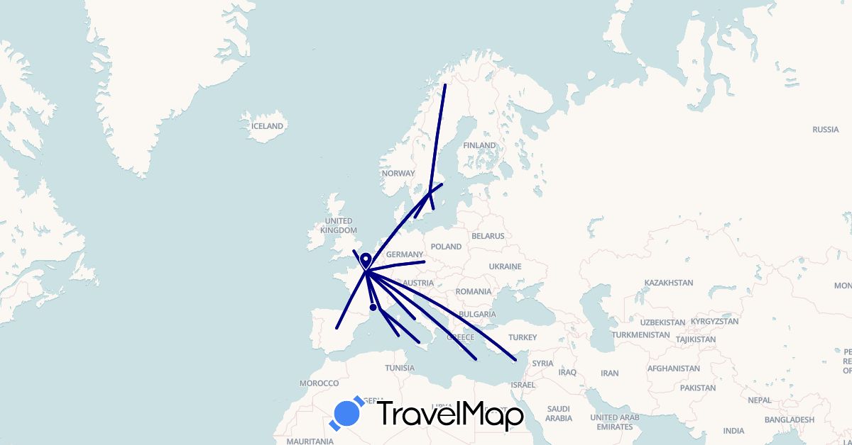 TravelMap itinerary: driving in Czech Republic, Denmark, Spain, France, United Kingdom, Greece, Italy, Sweden (Europe)